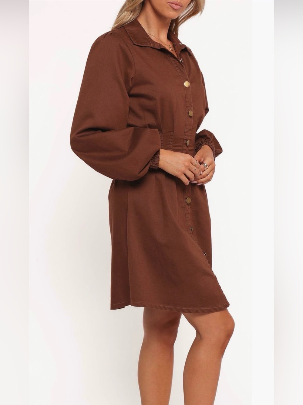Petal & Pup Phoenix Long Sleeve Mini Dress Brown Denim L Collared - Picture 5 of 11
